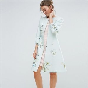 Ted Baker Racheel Coat Dress Baby Blue Floral Print Knee Length Zipper US size6